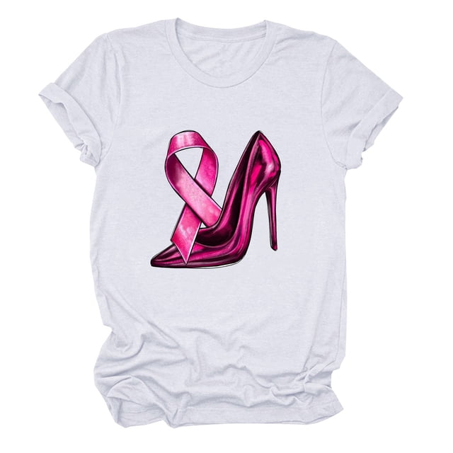 JIRNDf T-Shirt pour Femmes, Mode Estivale Tendance, Manches Courtes, Col Rond, Imprimé Cancer du Sein, Ample, Mignon, Graphique, Blanc G