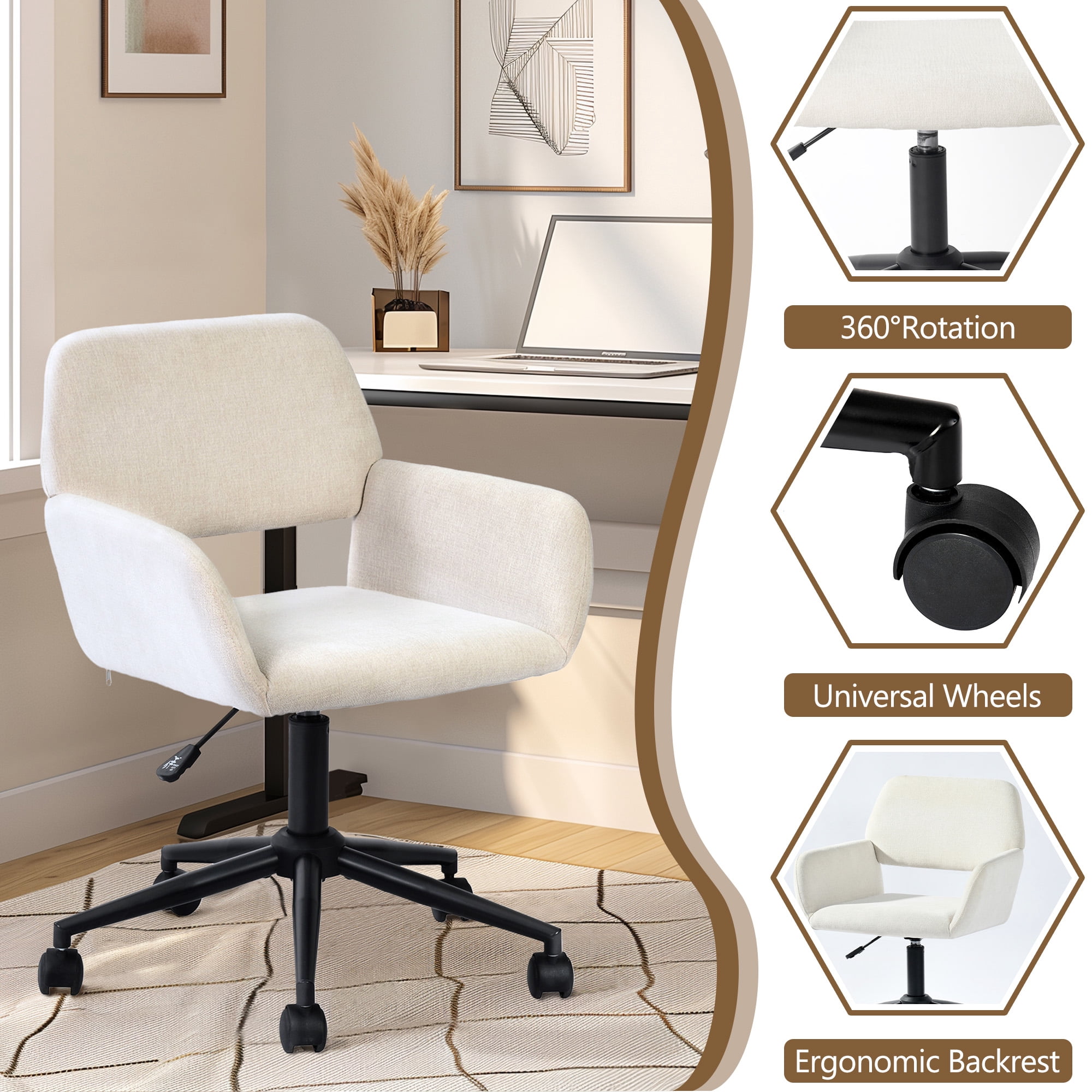 Fauteuil d'appoint pivotant et réglable Homy Casa moderne avec pieds croisés, ergonomique et rotatif à 360 degrés, rembourré, en chenille beige