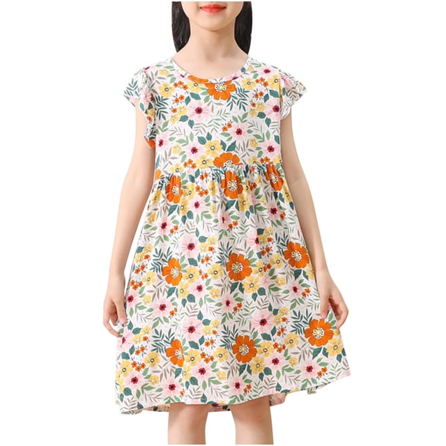 Robe d'Été pour Fille à Manches à Volants, Décontractée et Fluide, Robe Tunique Évasée à Motif Floral, Robe Chemise, Robe d'Été 3-15 Ans