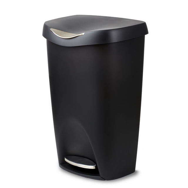 Umbra Brim 13 Gallon (50L) Trash Can with Lid front-facing view of a satin-finish, contoured polypropylene bin with stainless-steel foot pedal and soft-close lid; inner retention ring conceals the bag top. Measures 17 x 25.5 x 13 in (43 x 65 x 33 cm). Suitable as a kitchen waste bin and often used as a compact recycling or compost-sorting pail in small spaces.