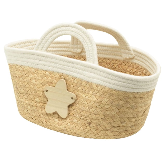 Water Hyacinth Storage Basket with Star Plaque and Cotton Rope Trim, oval basket woven from natural water hyacinth stems with cream cotton rope trim and handles, featuring a solid paulownia wood star plaque, measuring 14.25 in. L x 10.25 in. W x 6.25 in. H, suitable for multi-purpose home storage and organizing small items.