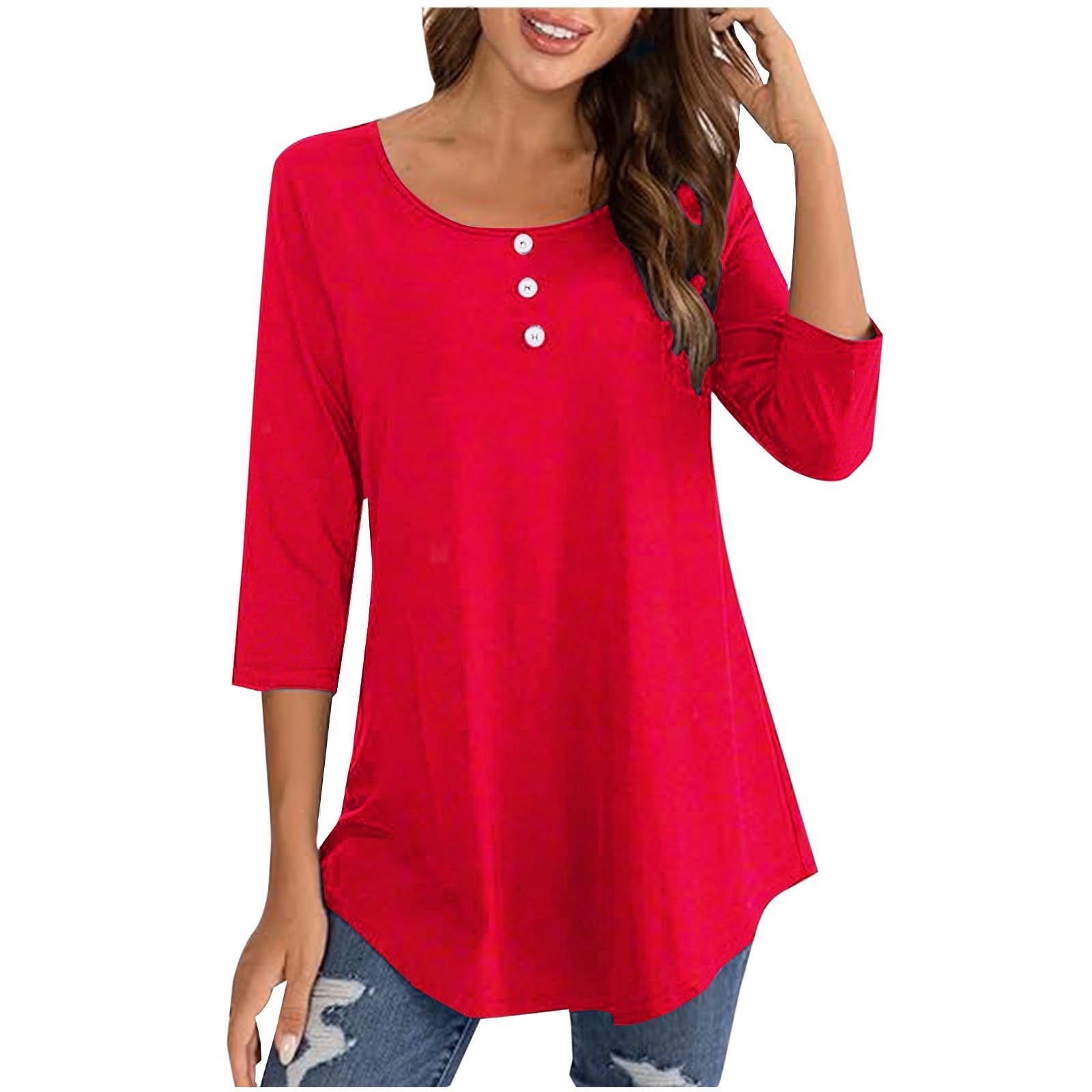 FAIWAD Oversized Tshirts for Women 3/4 Sleeve Button Decor Tops Cute Round Neck Basic Business Tees Blouses