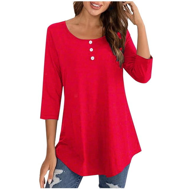 FAIWAD Oversized Tshirts for Women 3/4 Sleeve Button Decor Tops Cute Round Neck Basic Business Tees Blouses
