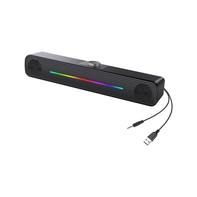 Computer Speakers RGB PC Speakers USB Powered 3.5mm AUX Cable for PC, laptop, tablet, and phone. A slim, black soundbar with integrated RGB lighting along the front panel, featuring a central volume control knob. Includes USB and 3.5mm AUX cables for connectivity.