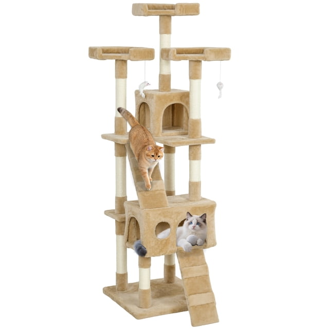 PawHut 68 inches Cat Tree in light brown, a multi-level large cat tower condo featuring three top perches, two spacious condos, two ladders, and three dangling mouse-shaped toys. Made of particle board, plush, and sisal, it includes wear-resistant sisal rope posts for scratching and grooming. Dimensions: 19.3 inches L x 19.3 inches W x 68.1 inches H. Suitable for cats to climb, play, and relax.