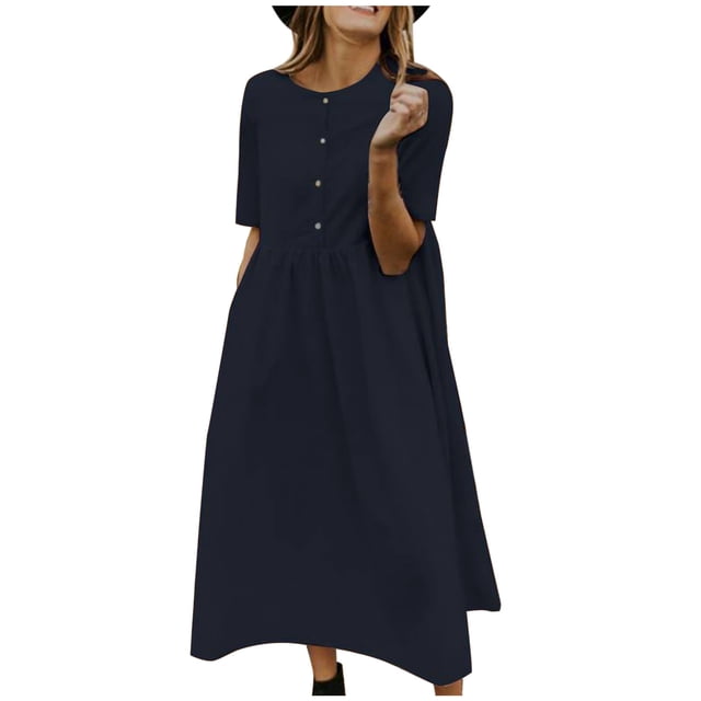 Robes en Lin pour Femmes Été Femmes Été Décontracté Uni Manches Courtes Robes Bouton Coton Lin Robe Ample Manches Courtes Robes pour Femmes Courtes Robes d'Été pour Femmes