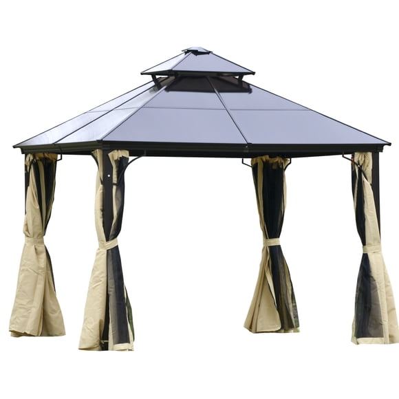 Outsunny 10' x 10' 2-Tier Outdoor Gazebo with Polycarbonate Roof, Beige
