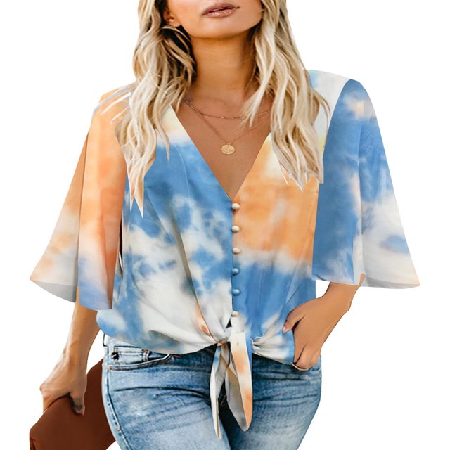 CHUANK Women‘s Button Down V Neck Tops Ruffled 3/4 Sleeve Tie Knot Front Blouses White Sizes S-2XL