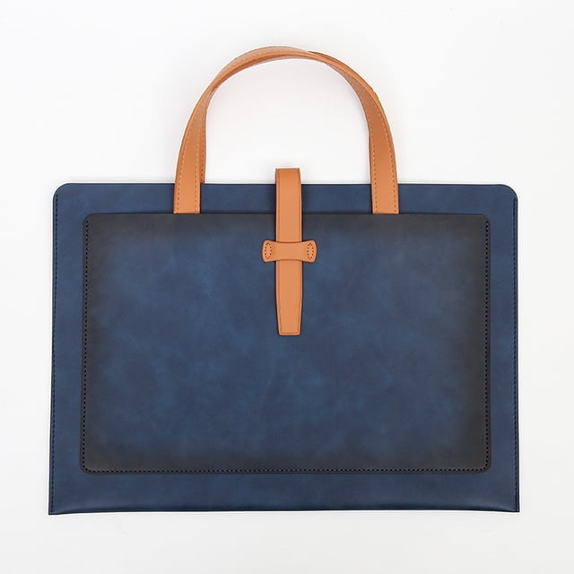 Fashion Business Document Bag Leather Large Laptop Handbag Briefcase in navy with a sleek embossed crocodile leather pattern. Features tan handles, a secure zipper closure, and a portable design suitable for 13-inch laptops. Customizable with personalized name letters. Ideal for work or office use.
