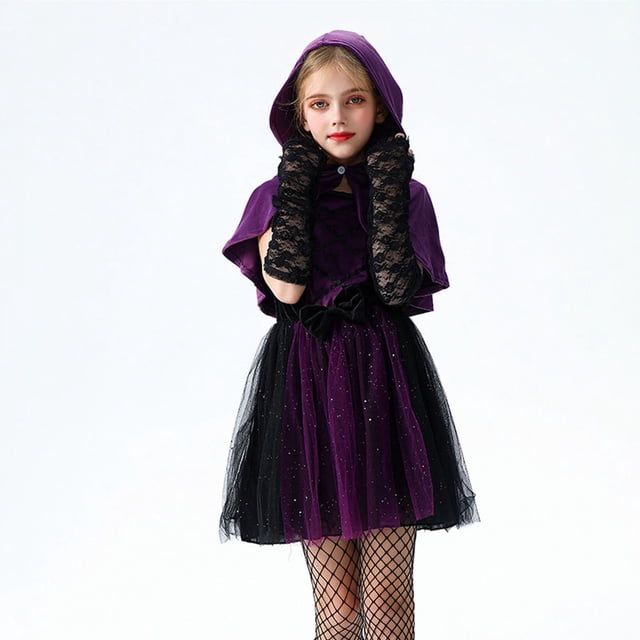 MKOSPLRT Robe en Tulle à Paillettes d'Halloween pour Tout-Petites Filles Sorcière Ensembles Amusants de Vacances 2 Pcs Capes à Capuche Mini-Robe en Maille 4-14 Ans