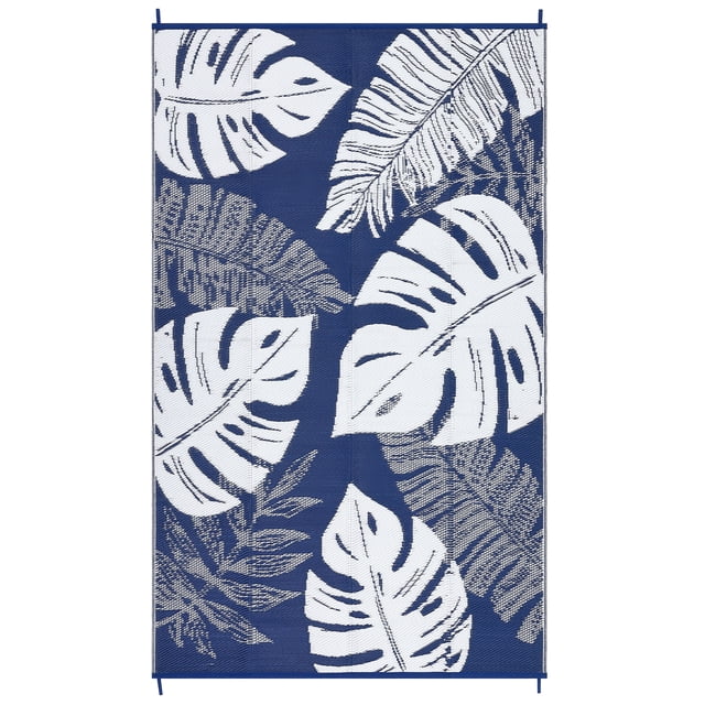 Tapis d'Extérieur Réversible Imperméable 8x10 Pi – Tapis Moderne en Paille Plastique – Pliable, Léger, Résistant aux UV, Sac de Rangement – Bleu Marine/blanc, É.-U.