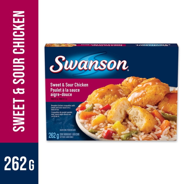 Swanson Sweet & Sour Chicken Frozen Dinner, Breaded Chicken Croquettes with Sweet and Sour Sauce on Rice, Sweet & Sour Chicken Frozen Meal, 262g