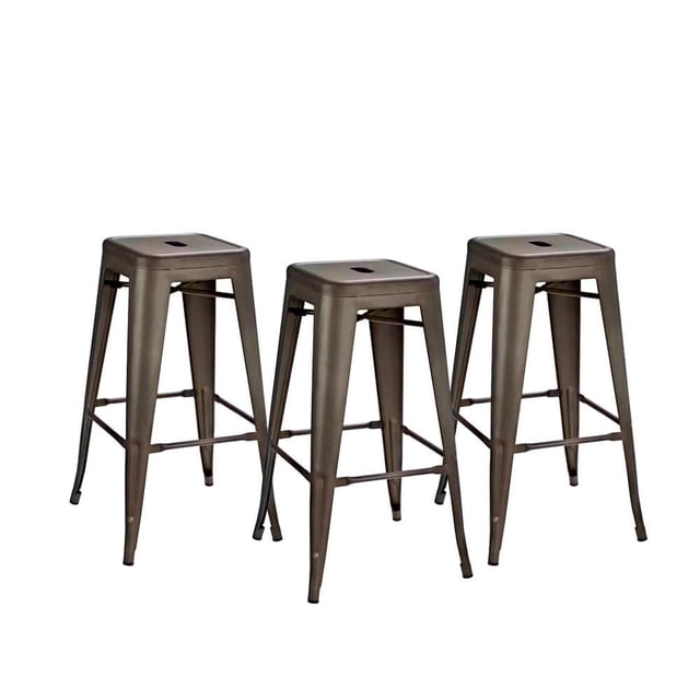 Heavenly Collection Gunmetal Metal Counter Stool set of three, backless with square seats featuring a central handle cutout, made from durable scratch-resistant steel in gunmetal finish, ideal for kitchen and dining seating with added outdoor suitability.