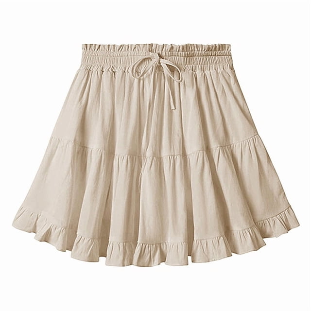 Women Boho Ruffled Tiered Swing Beach Skorts Drawstring High Waisted Tennis Golf Y2K Short Skirt Beige M
