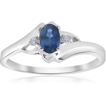 Bague en Or Blanc 14 K avec Diamant Saphir Bleu Ovale 1/2 Ct