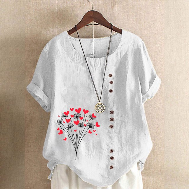 Économies d'Été! Horkkom Hauts Grande Taille pour Femmes Été Décontracté Chemises en Lin à Manches Courtes Col Rond Imprimé Floral Blouses Amples