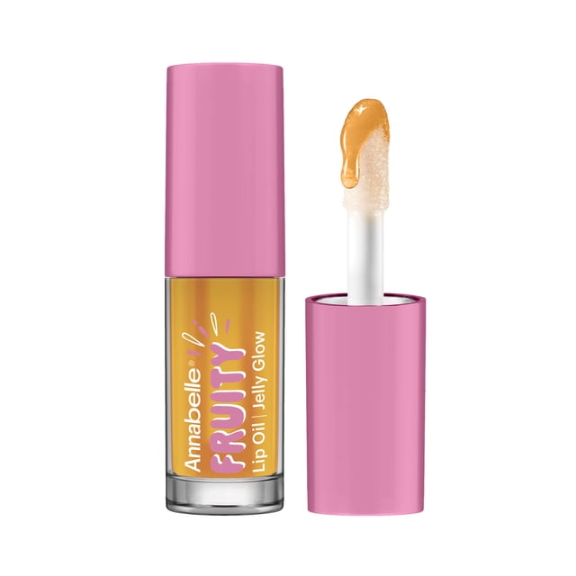Annabelle Fruity Lip Oil, Mango in a clear tube with a pink cap, showing golden yellow lip oil and an oversized plush applicator wand with a drop of oil, designed for long-lasting hydration and high shine, ideal for moisturizing lips with a fruity scent.