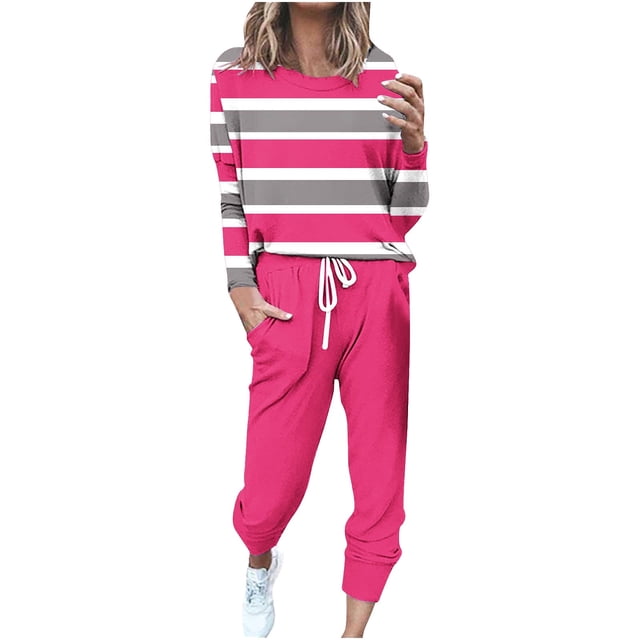 Tenues 2 Pcs pour Femmes Tenues 2 Pcs pour Femmes, Hauts à Manches Longues à Rayures à Col Ras du Cou à Enfiler et Pantalons à Cordon Ensembles de Survêtement Tenue d'Intérieur avec Poches P-26 Rose Vif-A TTG