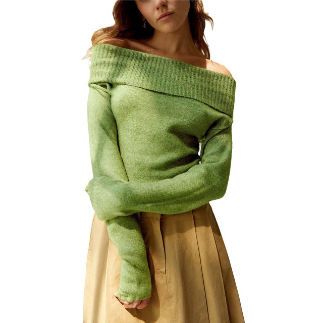 Faithtur Women's Spring Autumn Knit Tops Solid Color Long Sleeve Off Shoulder Slim Knitwear
