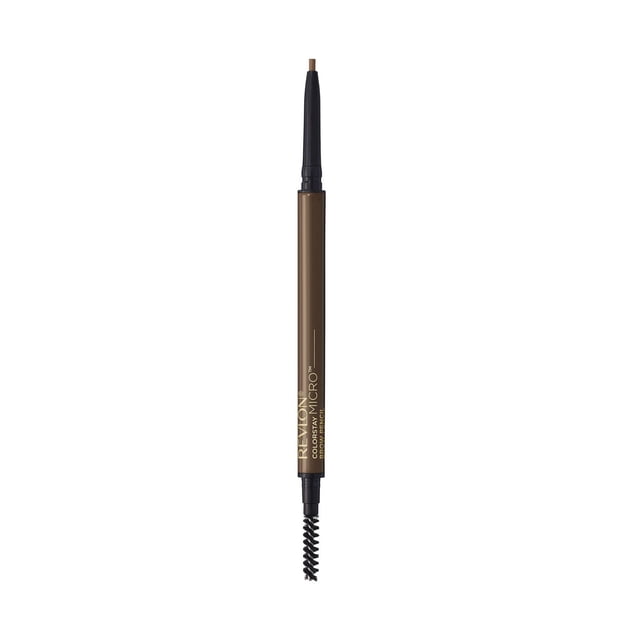 ColorStay Micro™ Brow Pencil by Revlon with retractable angled tip extended and spoolie brush on opposite ends, slim brown barrel with gold lettering, designed for precise, waterproof eyebrow filling and grooming with long-lasting wear.