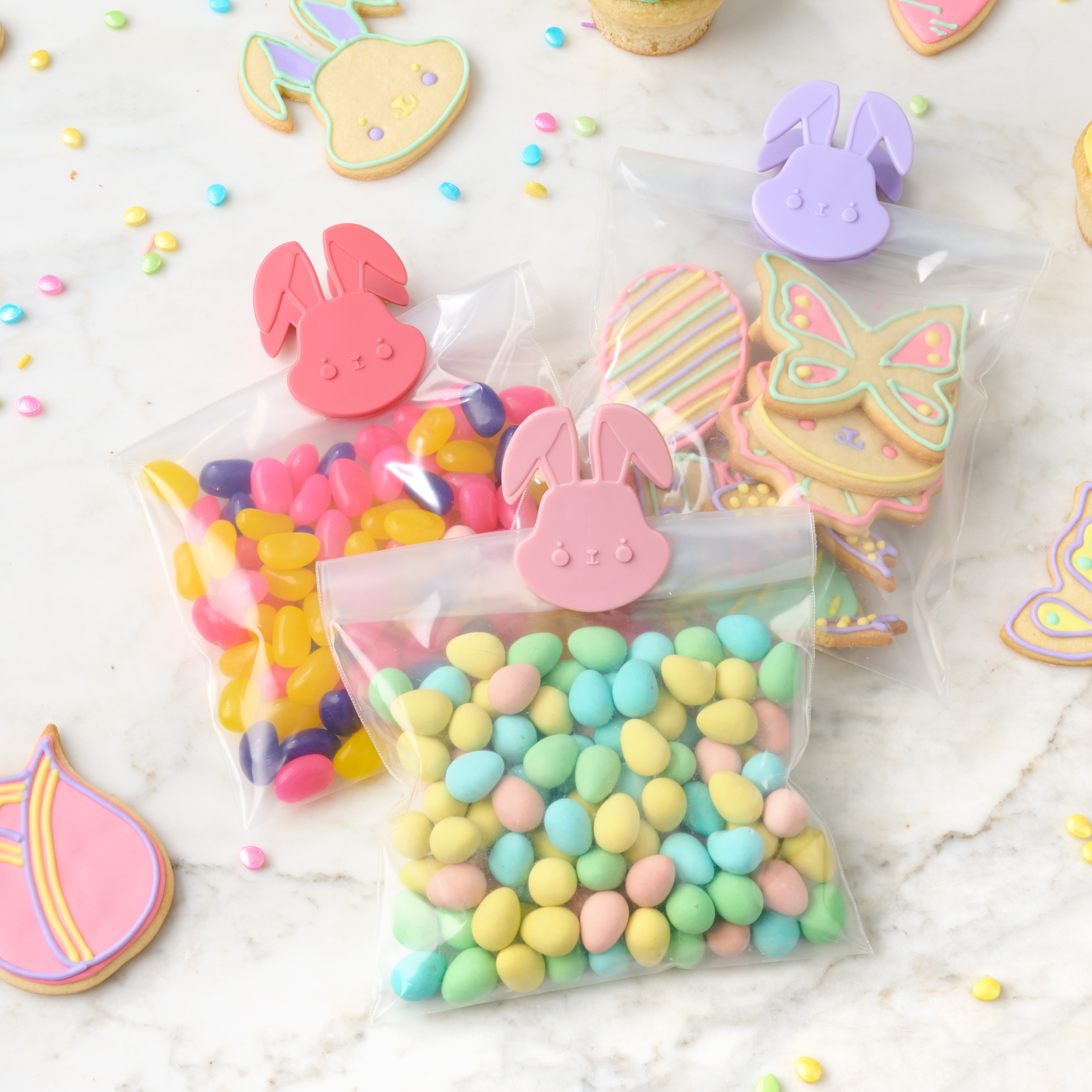 Tout pour célébrer – Lot de 3 pinces à sacs de cuisine en forme de lapin, en rose foncé, rose pâle et violet doux