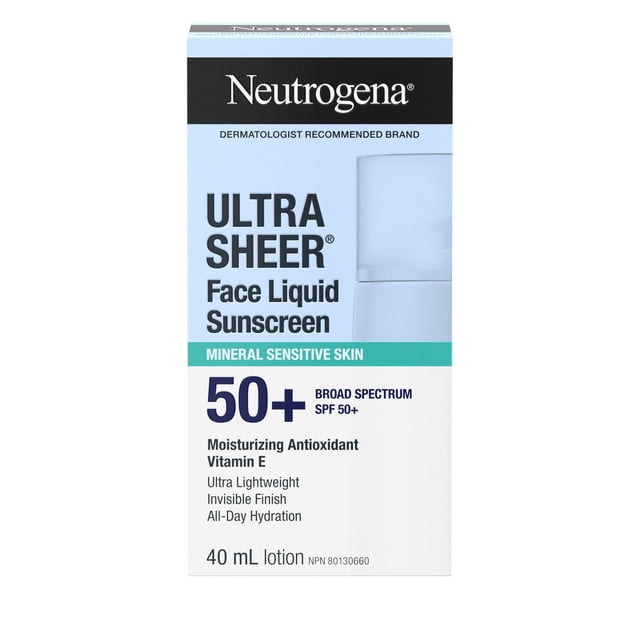 Neutrogena Mineral Ultra Sheer Liquide pour le Visage SPF 50+ Écran Solaire en Boîte de 40 ml Blanc et Bleu Pâle Offrant une protection à Spectre Grand SPF 50+, une Vitamine E Antioxydante Hydratante, une Formule Ultra Légère, une Finition invisible et une Hydratation Toute la Journée pour Peau Sensible.