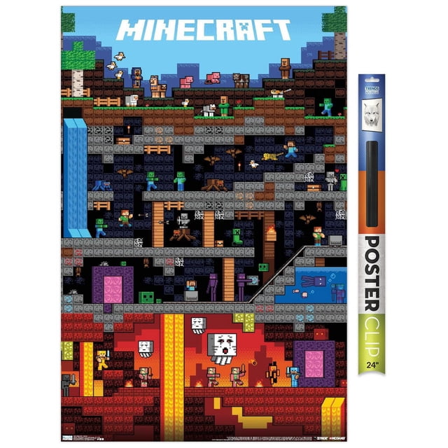 Minecraft - Worldly Wall Poster, 22.375" x 34", depicts a pixelated multi-layer Minecraft scene with surface animals like pigs and cows, underground caves with zombies, skeletons, spiders, and lava-filled nether areas with ghasts. Printed on glossy FSC-certified paper, it includes a 24" poster clip hanger shown on the right. Ideal for decorating bedrooms, offices, or gaming spaces and suitable for party décor or gifting.