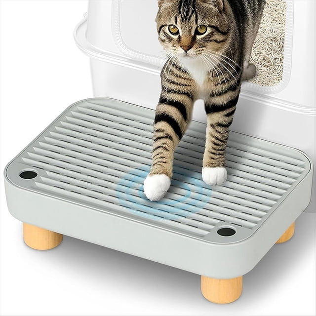 Litter Box Step, Litter Box Ramp/Catcher with Wooden Base, Anti-Tracking & Easy to Clean, Ideal for Small Elderly Cats