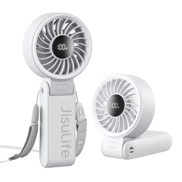 JISULIFE Versatile Portable Fan with LED Display, 5000mAh USB Rechargeable Battery, 5-Speed, Lanyard Included