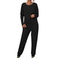thumbnail image 1 of Mrat Knit Two Piece Outfits for Women Long Sleeve Ribbed Tops Drawstring Pants with Pockets Sweatsuit Set S-2 Black L, 1 of 9