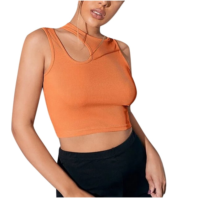 JGGSPWM Women's Asymmetrical Neck Cut Out Sleeveless Ribbed Tank Tops Slim Fitted Y2K Trendy Crop Tees Orange M
