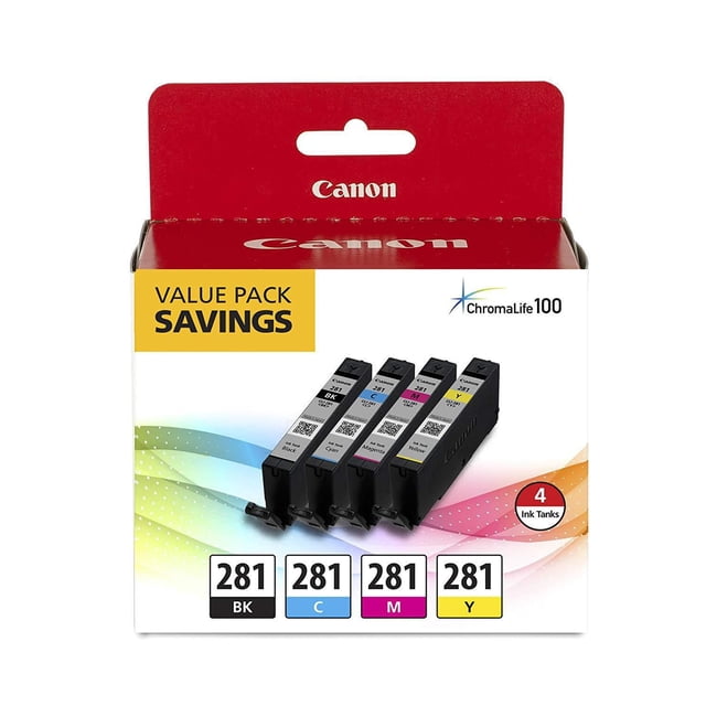 Canon CLI-281 Black, Cyan, Magenta, Yellow Value Pack containing four dye-based ink tanks in black, cyan, magenta, and yellow on packaging with red top and white front, featuring a yellow value pack savings label and ChromaLife100 system for durable photo printing with efficient individual ink replacement.