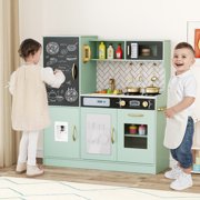 Gymax Play Kitchen Toy Set w/ Chalkboard Oven Sink Curtain Microwave Water Dispenser Green