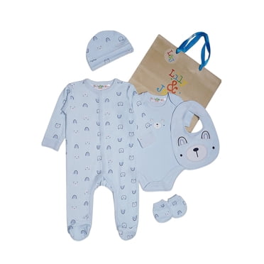 Lily and Jack Ensemble Layette 5 Pcs Ours Bleu – Essentiels pour Bébé 100 % Coton, Dormeuse, Cache-Couche et Plus – Cadeau Adorable et Confortable pour Bébés Garçons et Filles