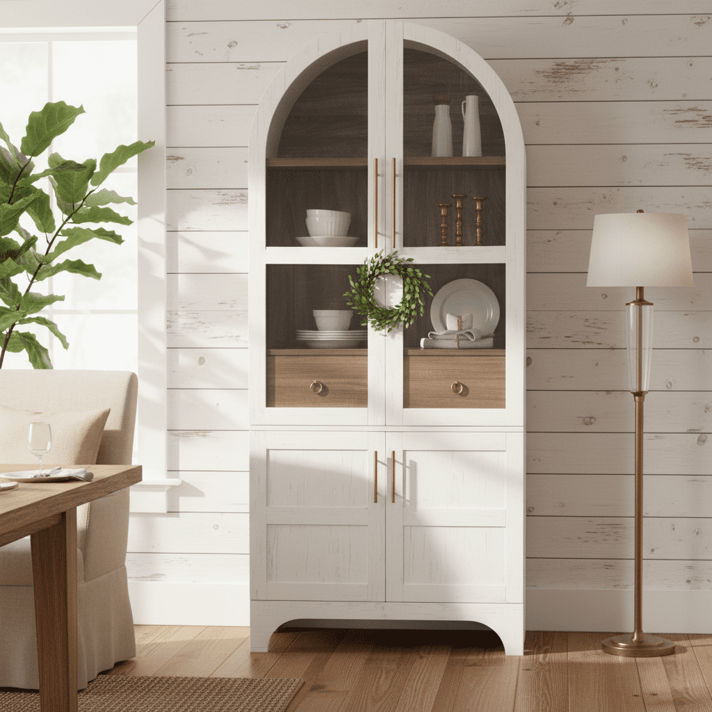 Homy Casa – Meuble de rangement de cuisine voûté de 71 pouces avec porte vitrée et 4 étagères réglables – Blanc