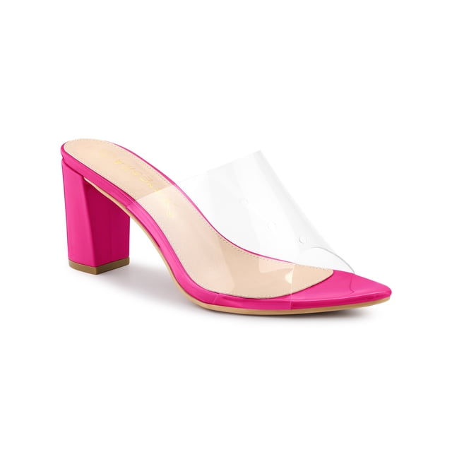 BLISSFUL STEP Women's Clear Point Toe High Block Heel Mules Slides Sandals in hot pink, size 8.5. Features a clear TPU+PU vamp, pointed open toe design, and a sturdy ABS block heel. Suitable for parties, office, casual outings, and special occasions. The outsole is made of rubber for added durability.