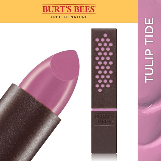 Burt’s Bees 100% Natural Moisturizing Lipstick in Tulip Tide shade showing a close-up of the creamy pinkish-purple lipstick bullet and the dark brown rectangular tube with honeycomb pattern and Burt’s Bees logo, delivering 8-hour moisturization and a smooth satin finish for natural lip colour enhancement.