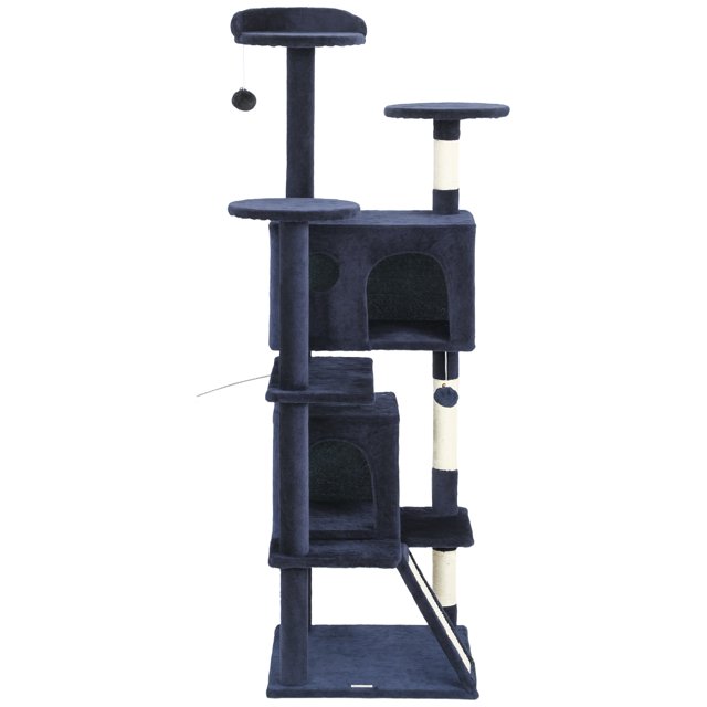 CoSoTower 63" Cat Tree, Multi-Level Cat Tower with Scratching Posts, Cat Condos, Bed, Platforms, Ramp, Toy Ball, Dark Blue