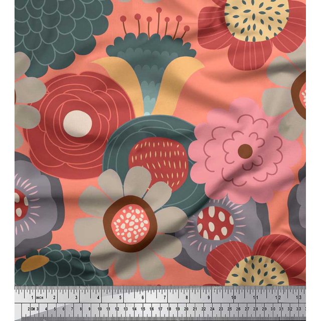 Soimoi polyester Crepe Fabric Flower Artistic Print Fabric by the Yard 52 Inch Wide
