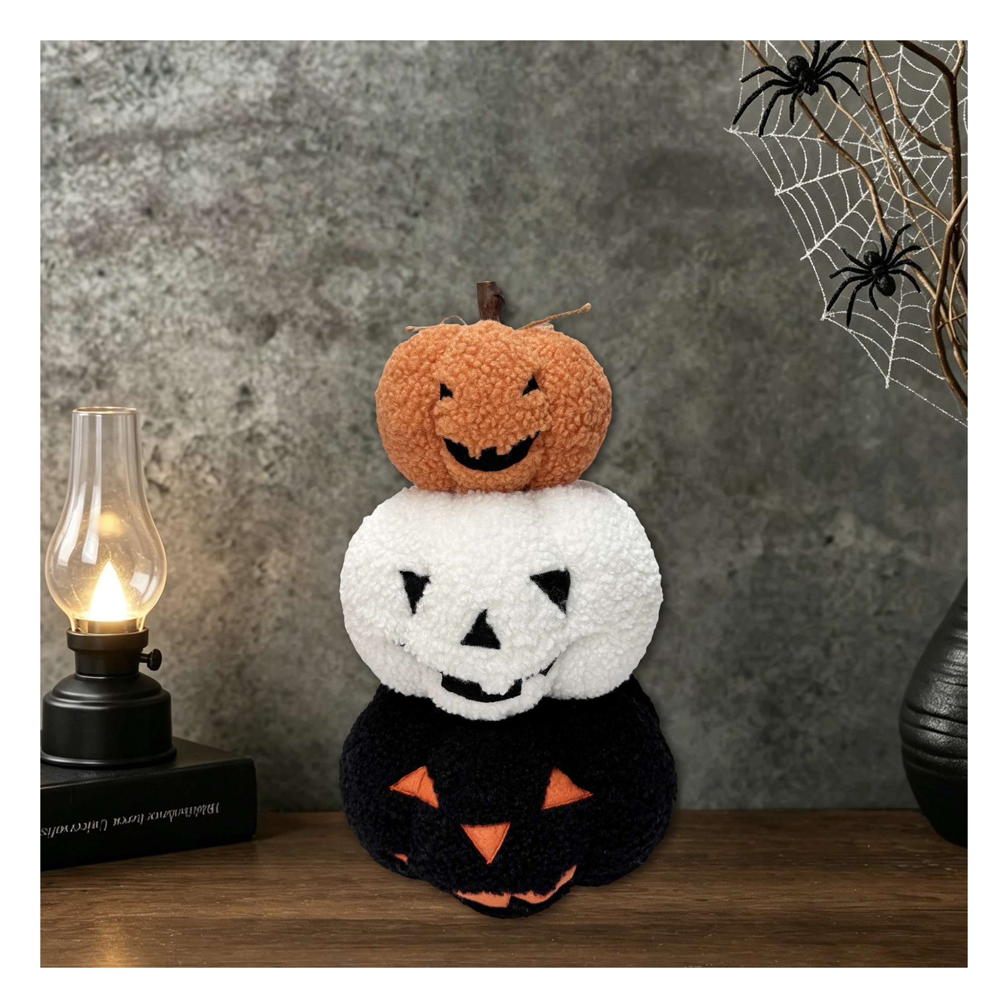 Way-To-Cel PL Teddy fleece stacked pumpkin decor, 15 inches height, orange and white and black colour