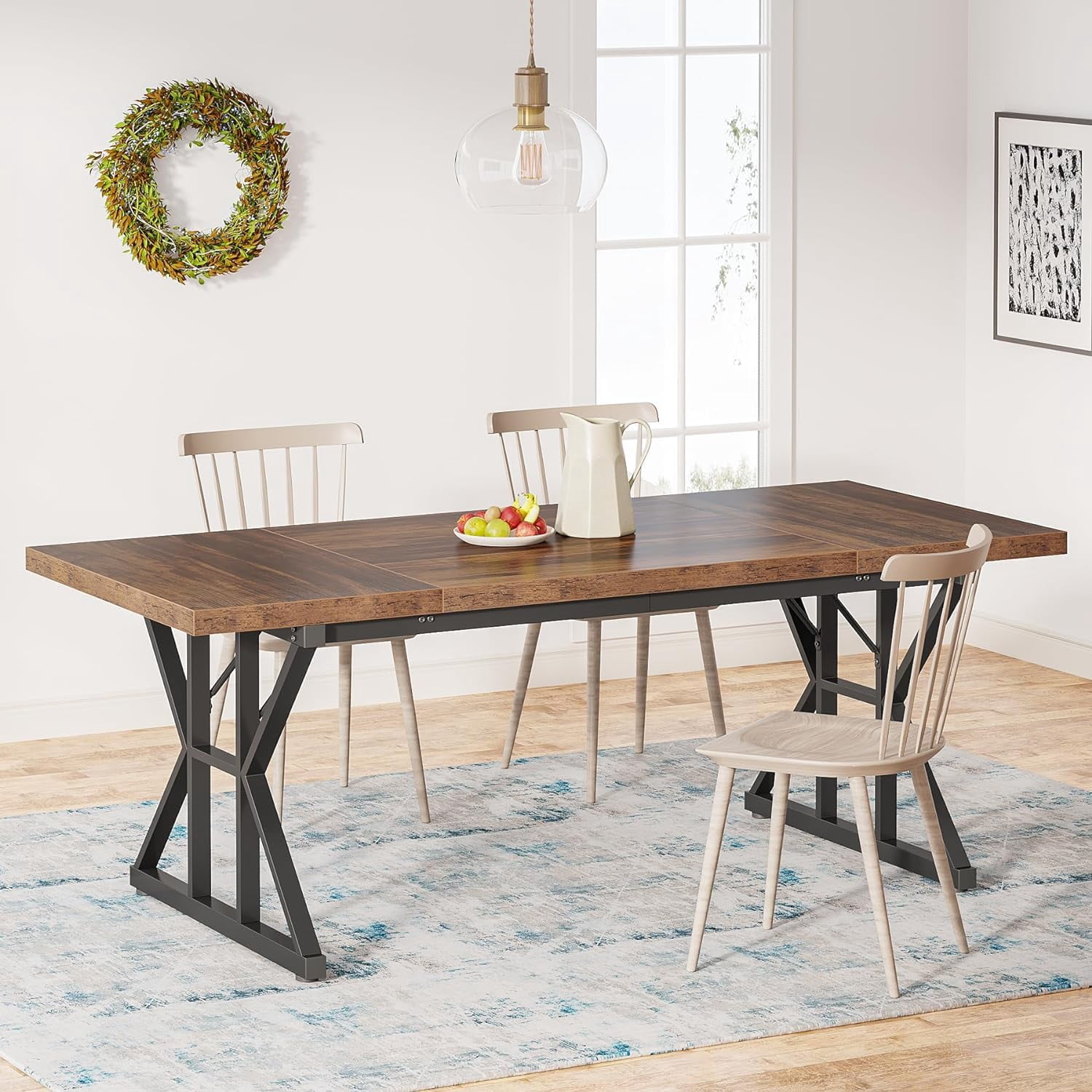 Tribesigns Farmhouse Dining Table for 6 People, 70.8-Inch Rectangular Wood Dining Table, Rustic Kitchen Table with Heavy Duty Metal Legs for Dining Room (Brown/Black)