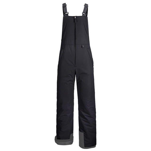 Unisex Outdoor Skiing Overalls - Windproof, Waterproof, Fleece Lined Straight Leg Sports Pants in a black design. These overalls feature adjustable shoulder straps, a front zipper closure, and straight-leg construction with reinforced cuffs. Made from durable, elastic fabric, they provide comfort, warmth, and unrestricted movement, ideal for skiing, hiking, or other outdoor activities. The neutral tone and classic style make them versatile for pairing with various tops and footwear.