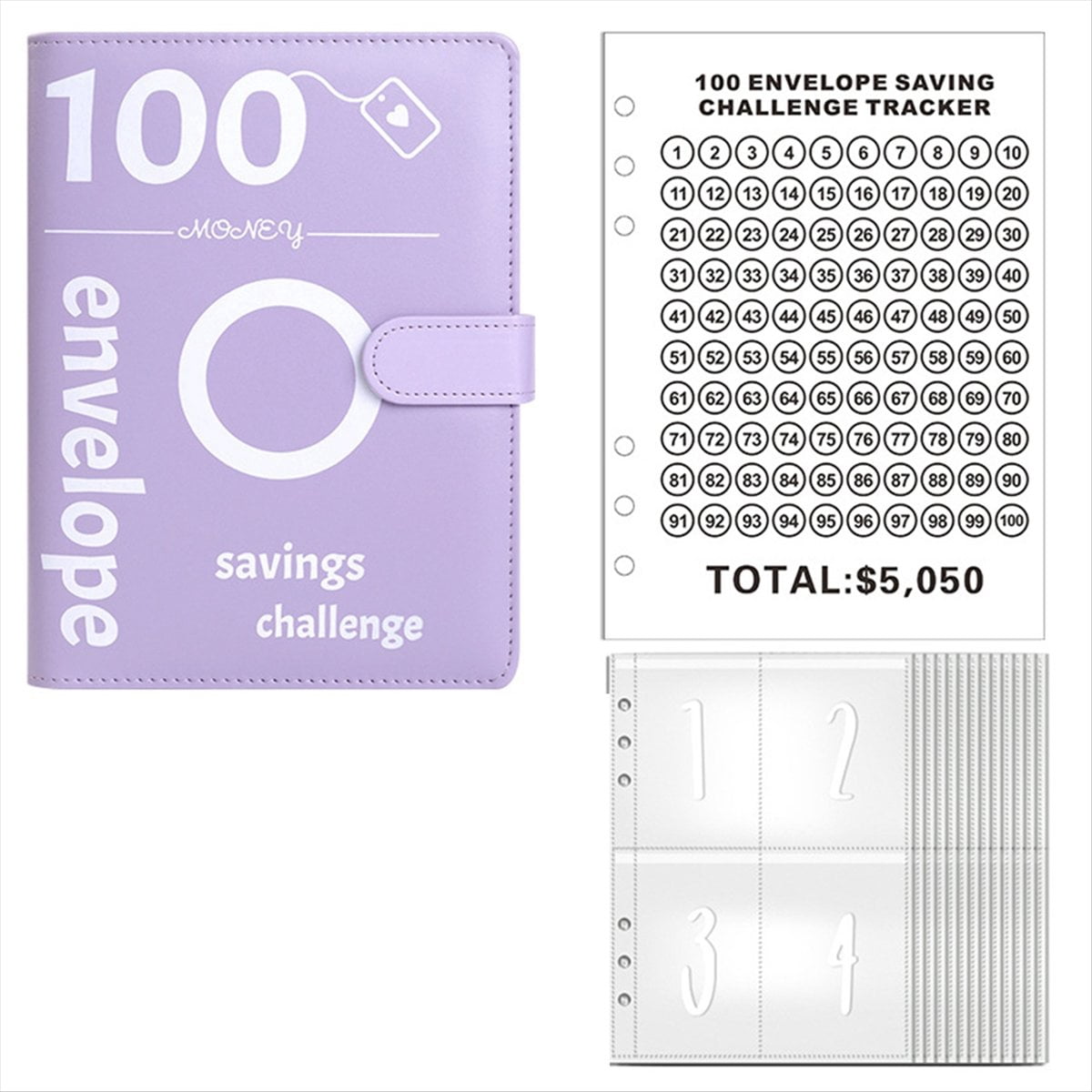 100 Envelopes Money Saving Challenge, 100 Envelope Challenge Binder, Money Saving Binder, Budget Book (Purple),1 * Challenge Money Saving Binder Kit,Purple