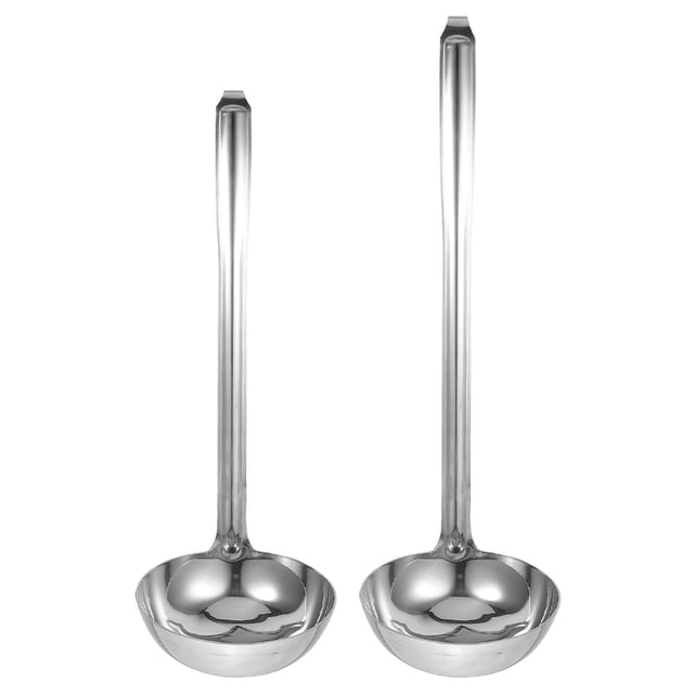 2pcs Stainless Steel Gravy Ladle Soup Serving Spoons Small Sauce Ladle. A set of two stainless steel ladles with a sleek, polished finish, featuring long ergonomic handles and rounded bowls. Designed for scooping gravy, soup, or sauces, these ladles include a hook at the end for easy hanging and to prevent slipping. The set includes two sizes: 30 cm and 26 cm in length, both with a bowl diameter of 6.5 cm. Suitable for stirring, serving, and seasoning in the kitchen.