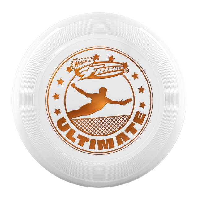 Wham-O Frisbee Official Ultimate 175g Flying Disc, crafted from durable white PE material with a non-slip grip and gold Ultimate logo design. Measuring 10.75 inches, it is ideal for professional Ultimate competition, disc golf training, team sports, and outdoor fun in parks or beaches.