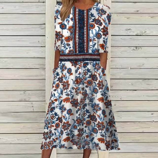 Robe d'Été pour Femmes 2024 Mode Grande Taille Décontractée à Manches Mi-Longues à Col Rond Imprimée Maxi Ample à Enfiler Longue Robe Rabais de 50 % Liquidation!
