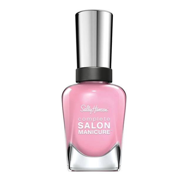 Sally Hansen Complete Salon Manicure Nail Polish in pink with a clear glass bottle and silver cap, featuring a keratin complex for stronger nails, chip resistance, and a precision brush for salon-quality application, suitable for achieving professional nail looks at home.