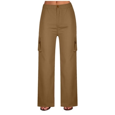 Jsaierl Womens Cargo Straight Leg Pants Elastic Waisted Button Wide Leg Pants Plus Size Solid Color Pull on Jogger Trouser with Pocket