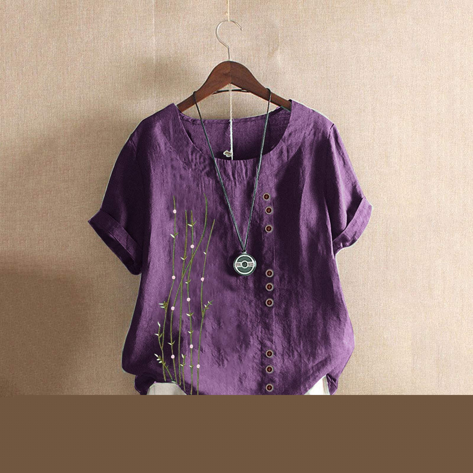 thumbnail image 2 of EQWLJWE Chemises pour Femmes Liquidation T-Shirts pour Femmes Femmes Manches Courtes Décontracté Col Rond Imprimé Ample Tunique à Boutons Chemise Blouse Hauts, 2 of 5