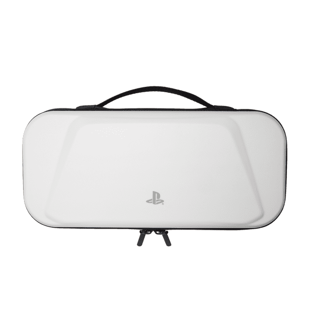 PowerA Protection Case for PlayStation Portal™ Remote Player in white with a molded hard shell, black top handle, centered PlayStation logo, and dual zipper pulls for full-perimeter opening and travel protection.